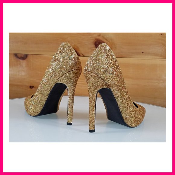 NWT Glitter Pointy Toe Stiletto Pumps Heels Gold - Picture 4 of 9